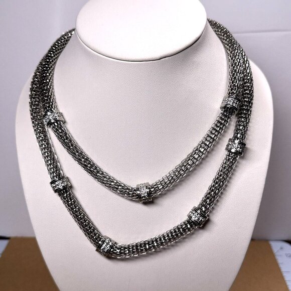Emma Skye Popcorn Mesh Link 2 Layer Necklace Stainless Steel Silver Tone Station - Picture 2 of 4